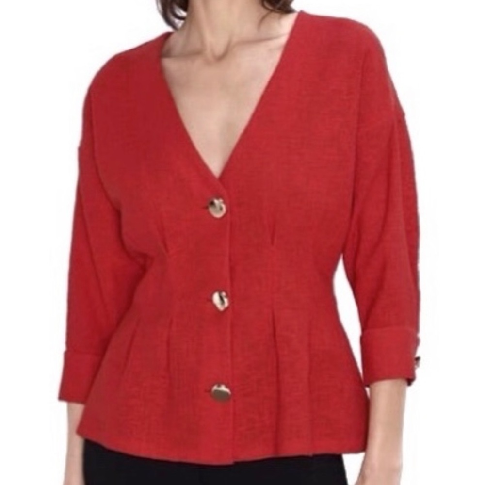 Zara short sleeve red blouse with gold buttons